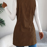 Giacca-gilet lunga da donna in velluto a coste tinta unita – Modello casual a doppio petto con tasche, ideale per look a strati