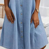 Elegante vestito camicia midi in denim da donna – Abito casual leggero da tutti i giorni