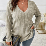Maglione donna a tinta unita con scollo a V, maniche lunghe, in morbido misto cotone e vestibilità comoda casual per tutti i giorni