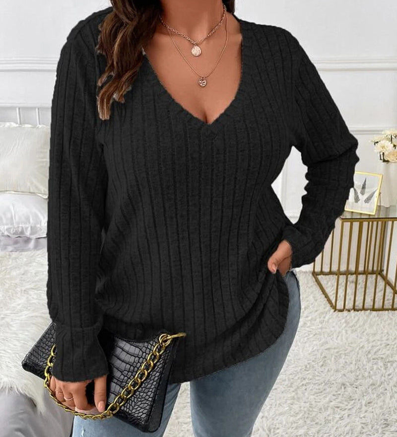 Maglione donna a tinta unita con scollo a V, maniche lunghe, in morbido misto cotone e vestibilità comoda casual per tutti i giorni
