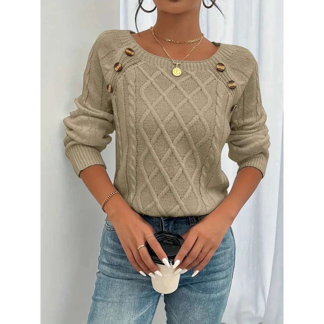 Maglione da donna in maglia a trecce – Modello a maniche lunghe con dettagli di bottoni, ideale per l’autunno e l’inverno