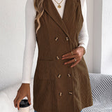 Giacca-gilet lunga da donna in velluto a coste tinta unita – Modello casual a doppio petto con tasche, ideale per look a strati