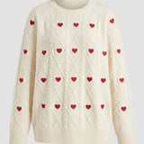 Maglione da donna con motivo a cuori e lavorazione a trecce – Pullover morbido girocollo per un look stagionale confortevole