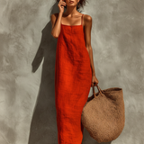 Abito in lino rosso da donna con spalline sottili - Boho e senza tempo