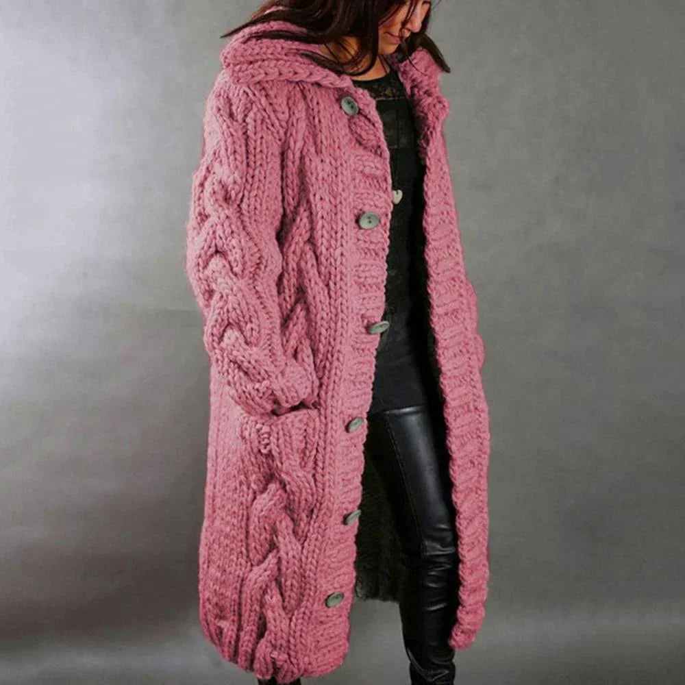 Cardigan da donna lungo in maglia a trecce – strato invernale pesante con cappuccio e tasche