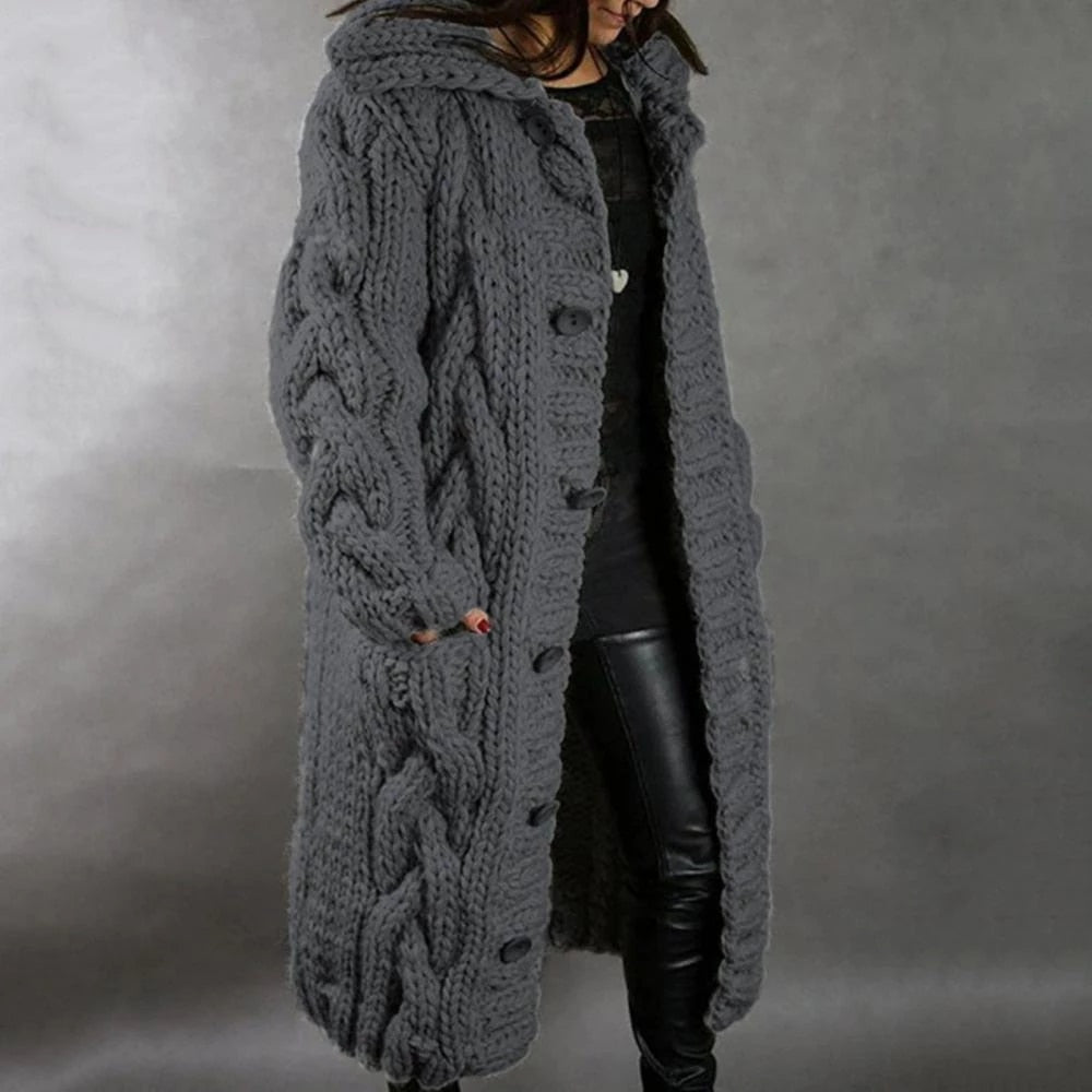 Cardigan da donna lungo in maglia a trecce – strato invernale pesante con cappuccio e tasche