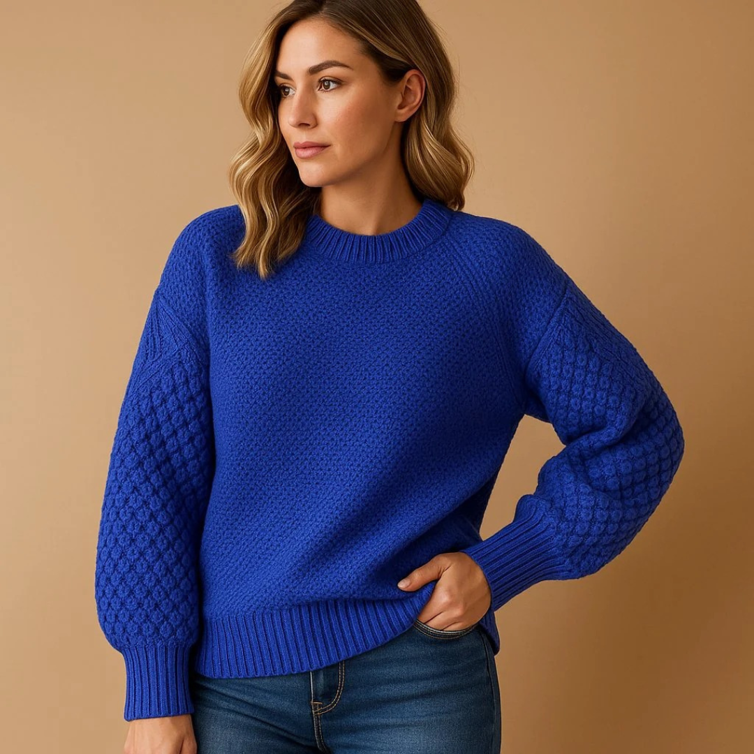 Maglione da donna in maglia lavorata – modello girocollo con maniche a palloncino, ideale per l’autunno e l’inverno