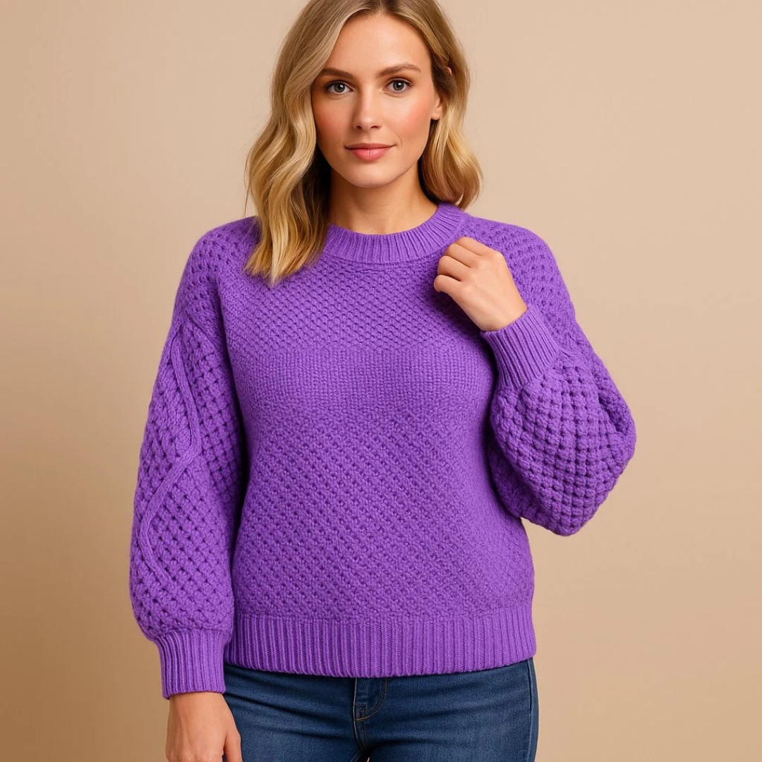 Maglione da donna in maglia lavorata – modello girocollo con maniche a palloncino, ideale per l’autunno e l’inverno