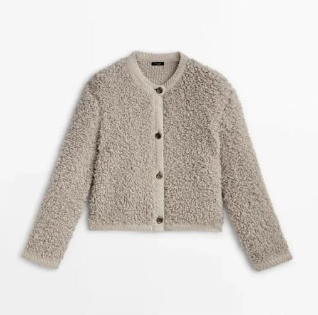 Cardigan da donna in bouclé con bottoni – Capo materico girocollo dalla silhouette corta