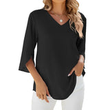 Elegante camicetta da donna con scollo a V e maniche a tre quarti - Top unico, leggero, comodo e morbido per tutti i giorni o per l'ufficio