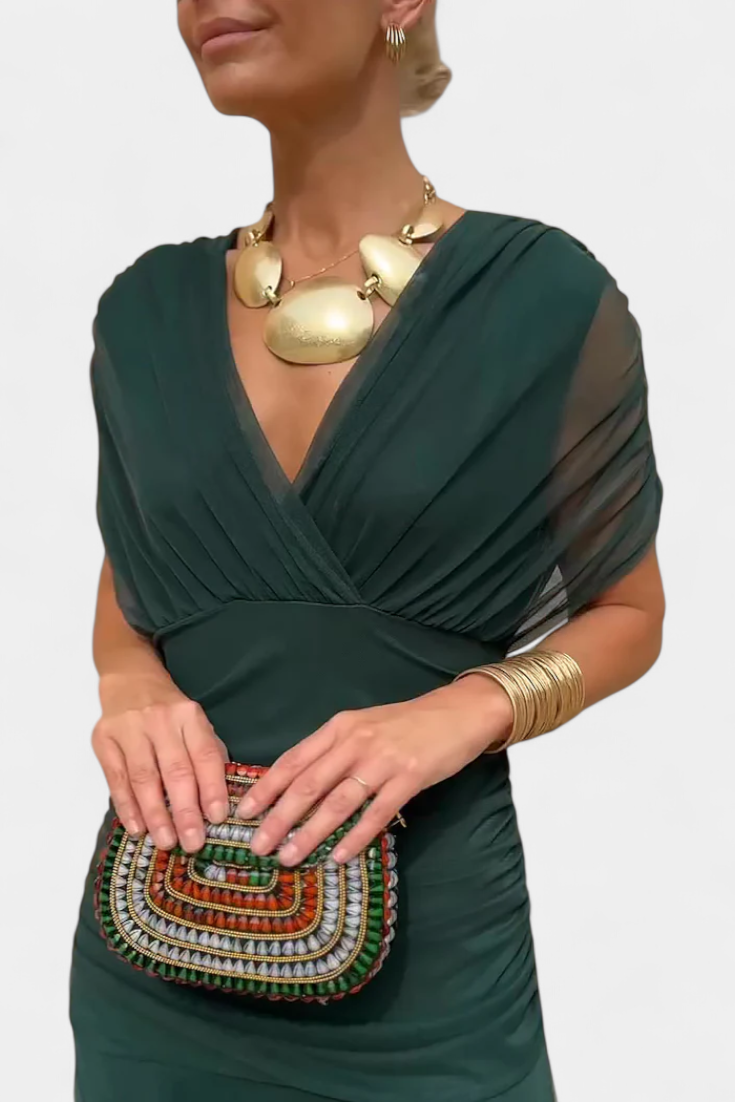 Elegante abito lungo da donna con scollo a V e stampa floreale – Abito estivo lungo e fluido