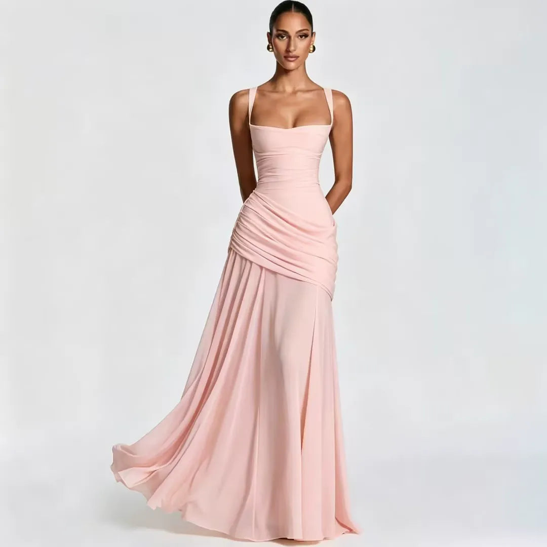 Enni – Abito Maxy Plissettato con Scollo Quadrato