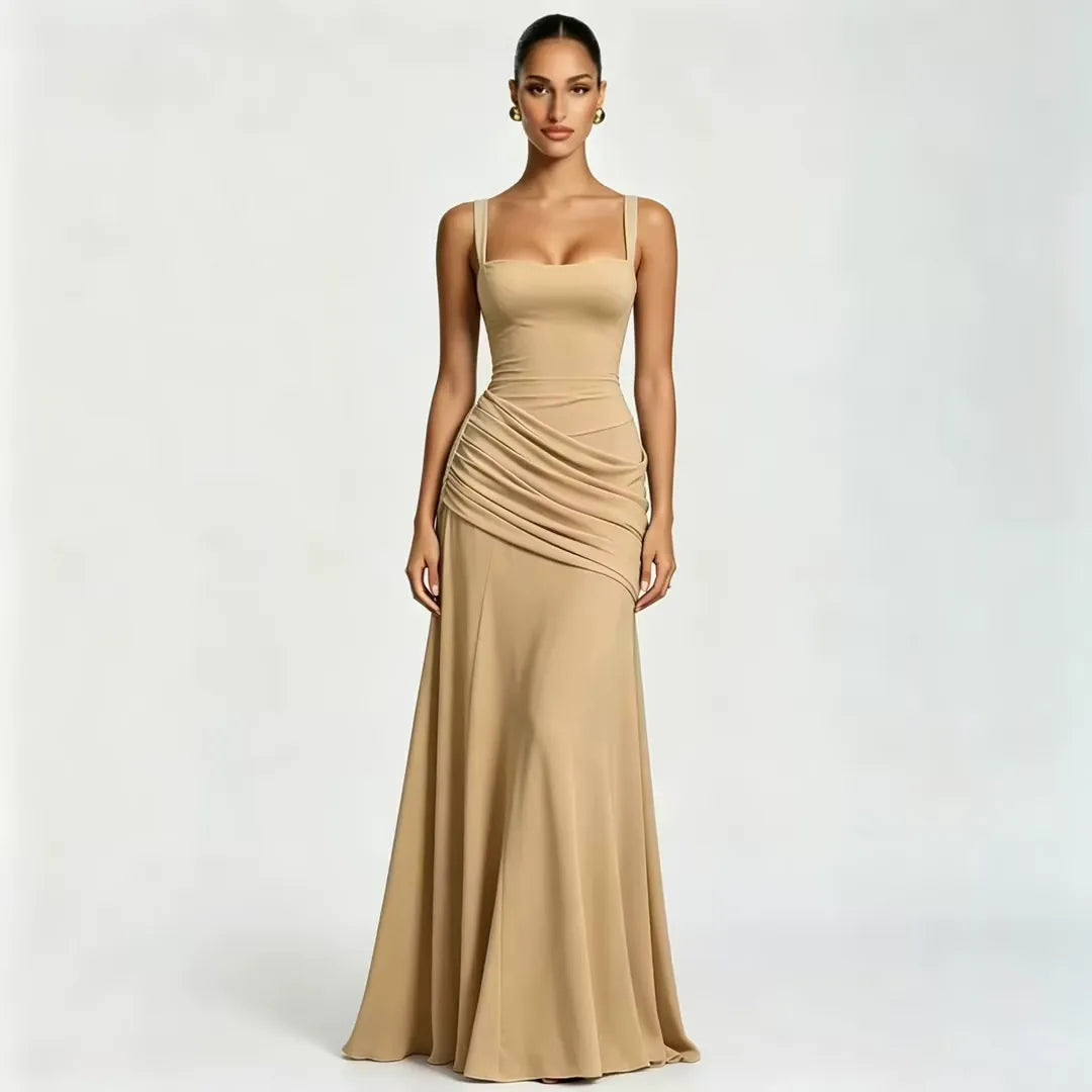 Enni – Abito Maxy Plissettato con Scollo Quadrato