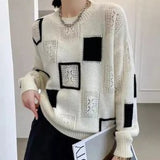 Maglione da donna in maglia traforata patchwork – Pullover girocollo dal taglio morbido con texture miste