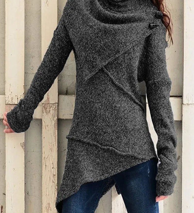 Maglione in maglia da donna con collo drappeggiato e design asimmetrico – Strato lungo e morbido per le stagioni più fresche