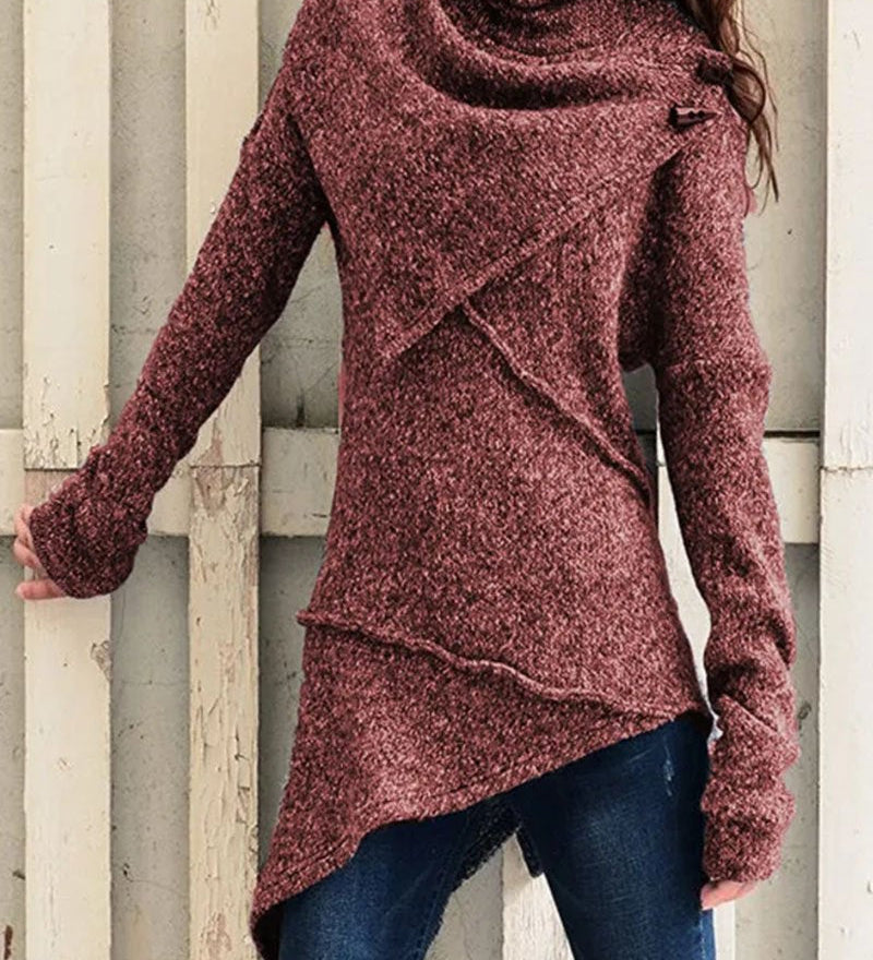 Maglione in maglia da donna con collo drappeggiato e design asimmetrico – Strato lungo e morbido per le stagioni più fresche