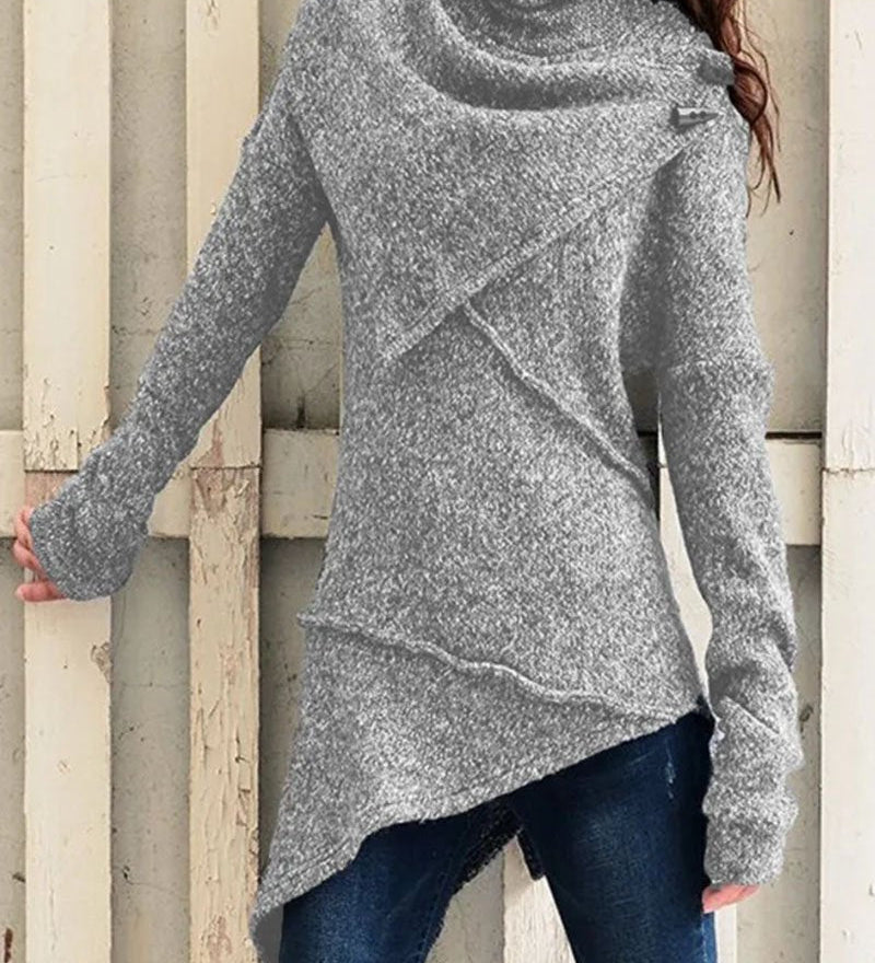 Maglione in maglia da donna con collo drappeggiato e design asimmetrico – Strato lungo e morbido per le stagioni più fresche