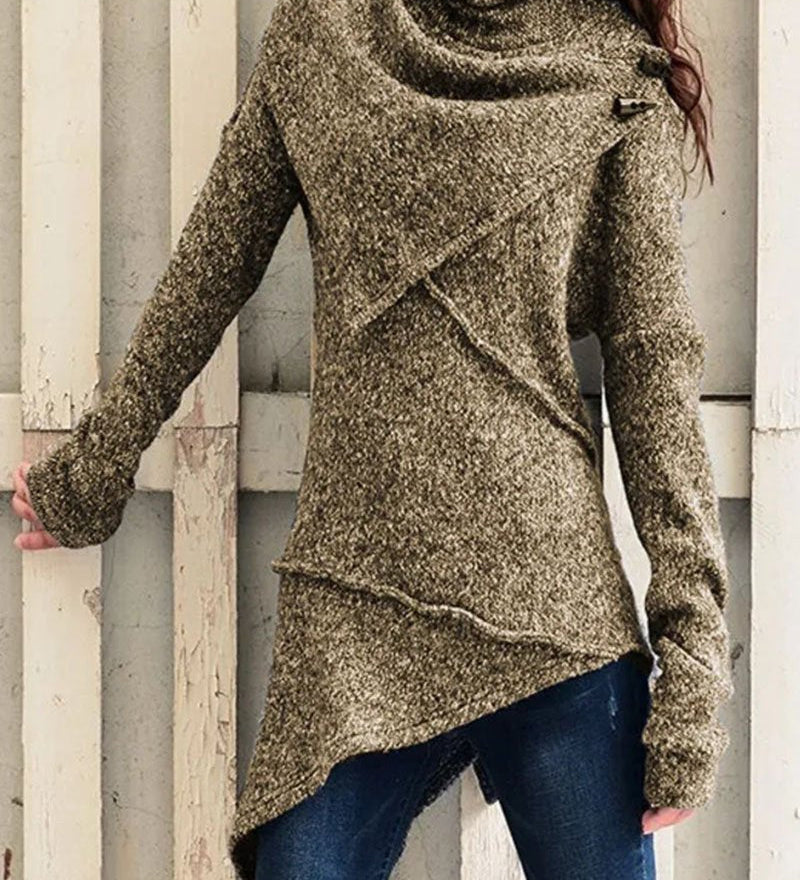 Maglione in maglia da donna con collo drappeggiato e design asimmetrico – Strato lungo e morbido per le stagioni più fresche