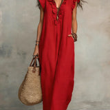 Abito casual da donna in cotone e lino con volant