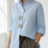 Blusa Donna in Cotone e Lino – Collo Coreano Elegante Stile Casual