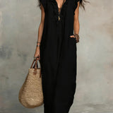 Abito casual da donna in cotone e lino con volant