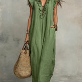 Abito casual da donna in cotone e lino con volant