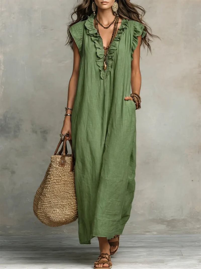 Abito casual da donna in cotone e lino con volant