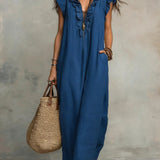 Abito casual da donna in cotone e lino con volant
