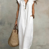 Abito casual da donna in cotone e lino con volant