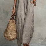 Abito casual da donna in cotone e lino con volant