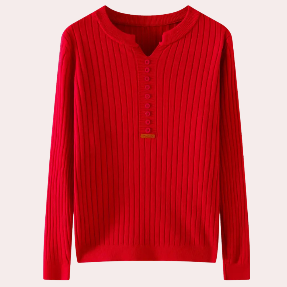 Maglione a coste da donna con scollo a V e patta con bottoni