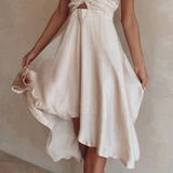 Elegante abito midi in raso con scollo a V profondo da donna maniche a farfalla e gonna asimmetrica fluida