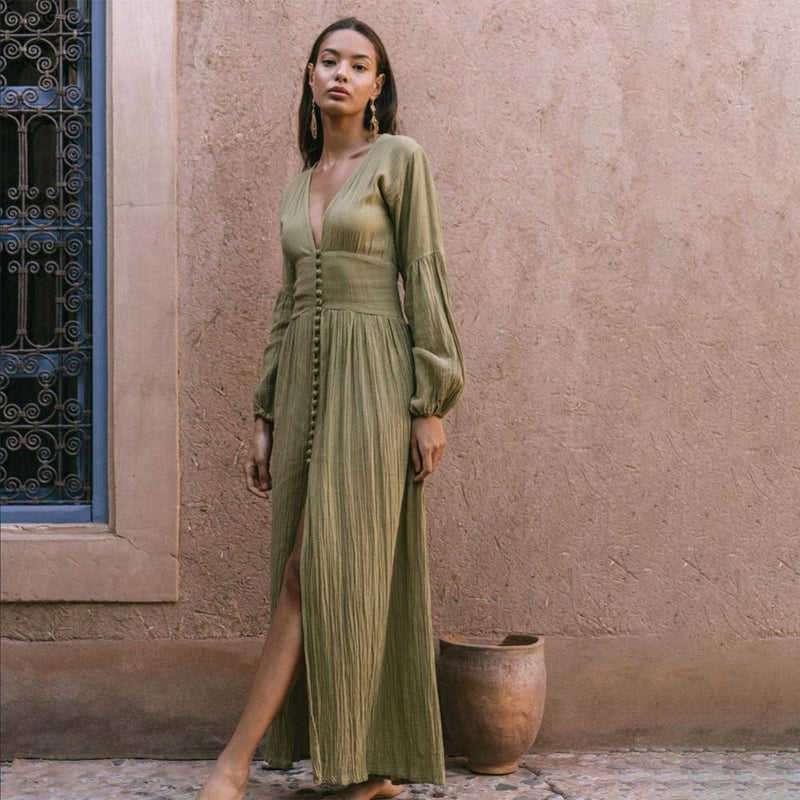 Abito lungo da donna in stile boho con scollo a V – Stile estivo casual e svolazzante da spiaggia