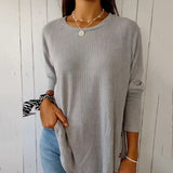 Maglia Donna a Manica Lunga con Scollo Rotondo in Maglia, Casual, Misto Cotone, Comoda per Tutti i Giorni, Base Essenziale per Stratificare