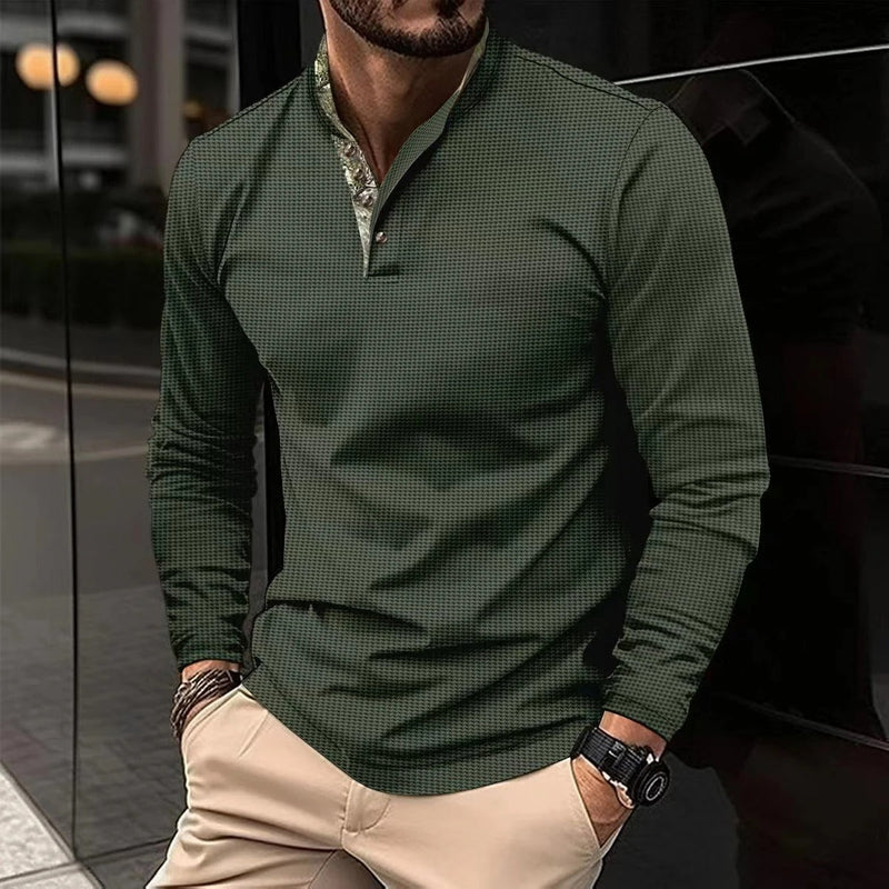 Elegante camicia Henley a maniche lunghe da uomo – Collo alto di alta qualità