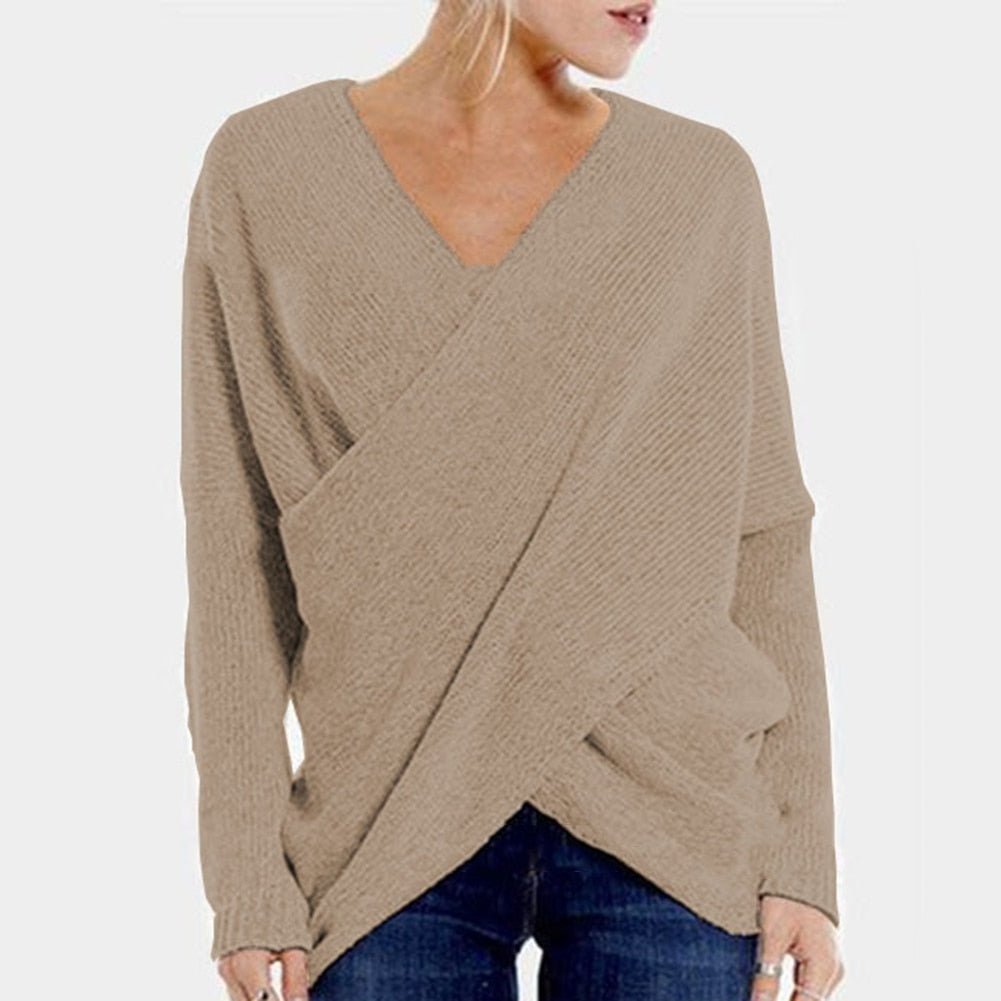 Maglione da donna con scollo a V e parte anteriore incrociata – Maglia comoda a maniche lunghe per un look casual elegante