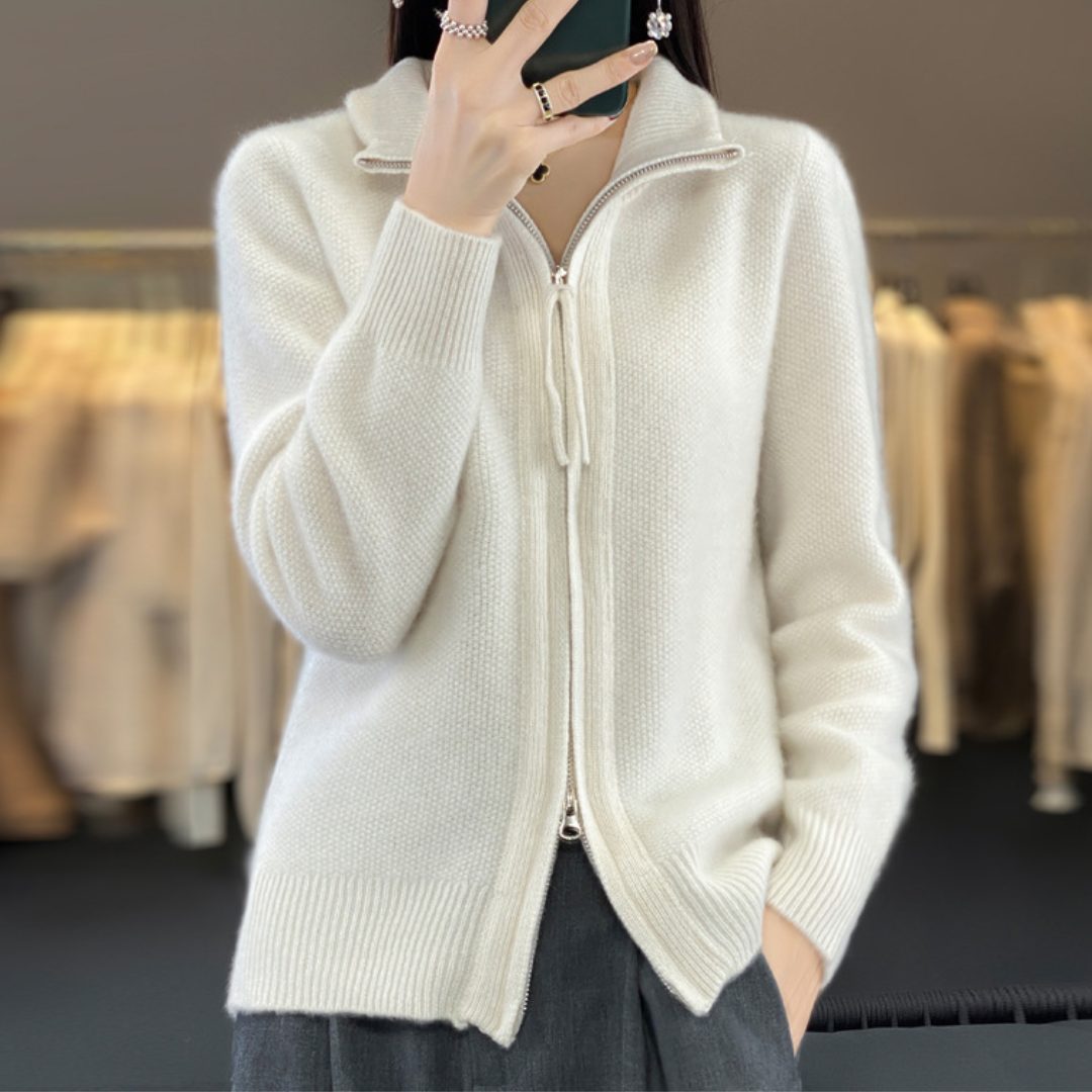 Cardigan da donna in lana con chiusura a zip - Maglione oversize a collo alto in maglia con bordi a coste e tasche anteriori