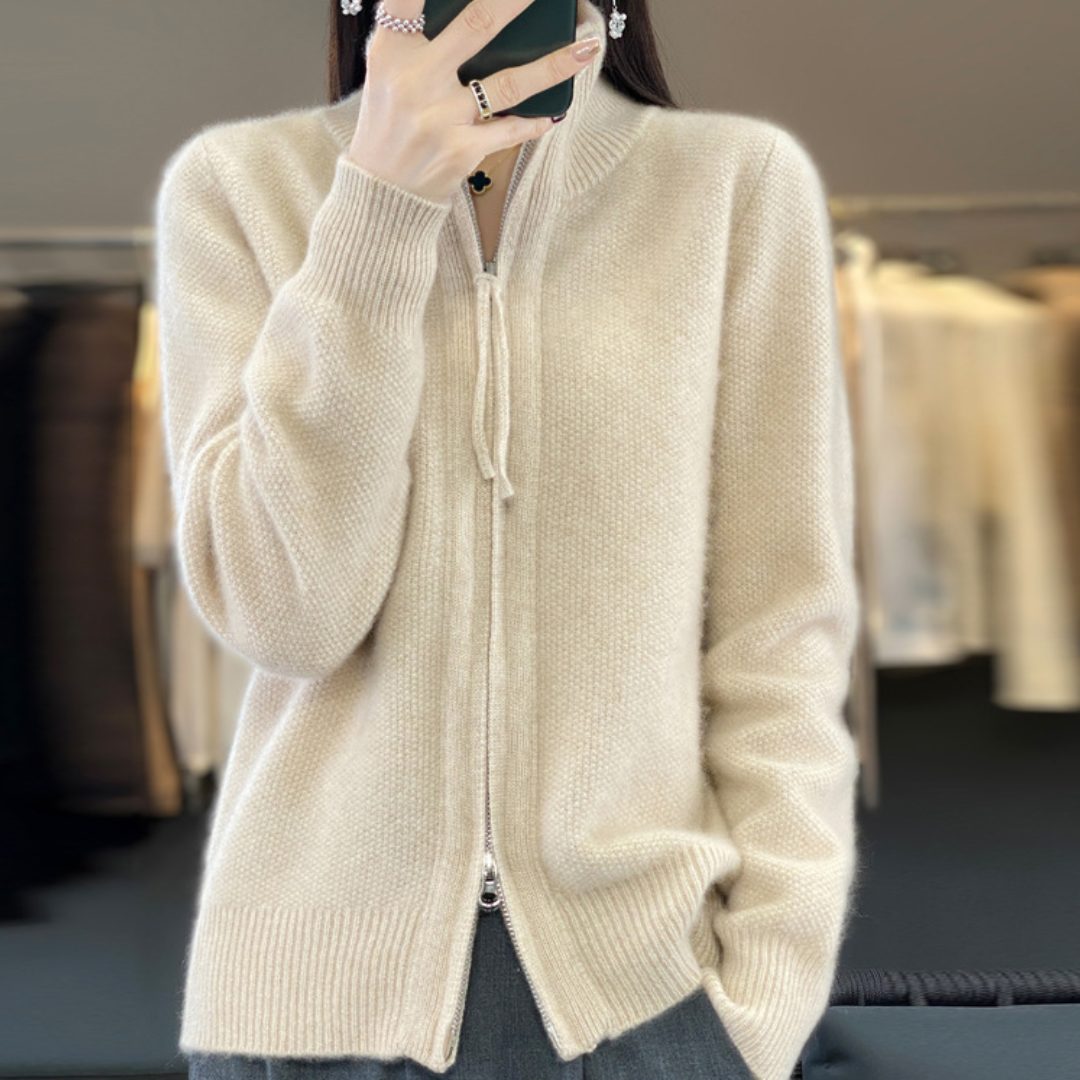 Cardigan da donna in lana con chiusura a zip - Maglione oversize a collo alto in maglia con bordi a coste e tasche anteriori