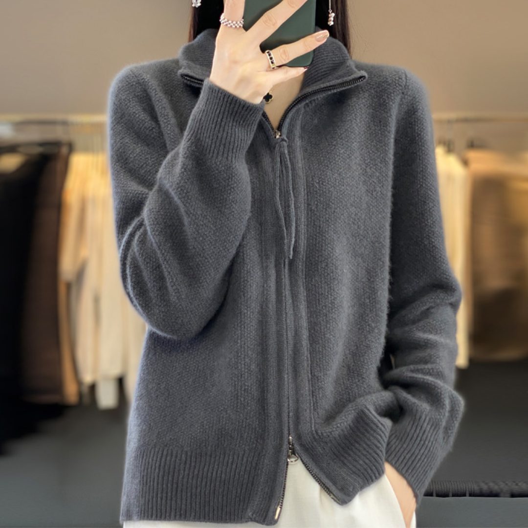 Cardigan da donna in lana con chiusura a zip - Maglione oversize a collo alto in maglia con bordi a coste e tasche anteriori