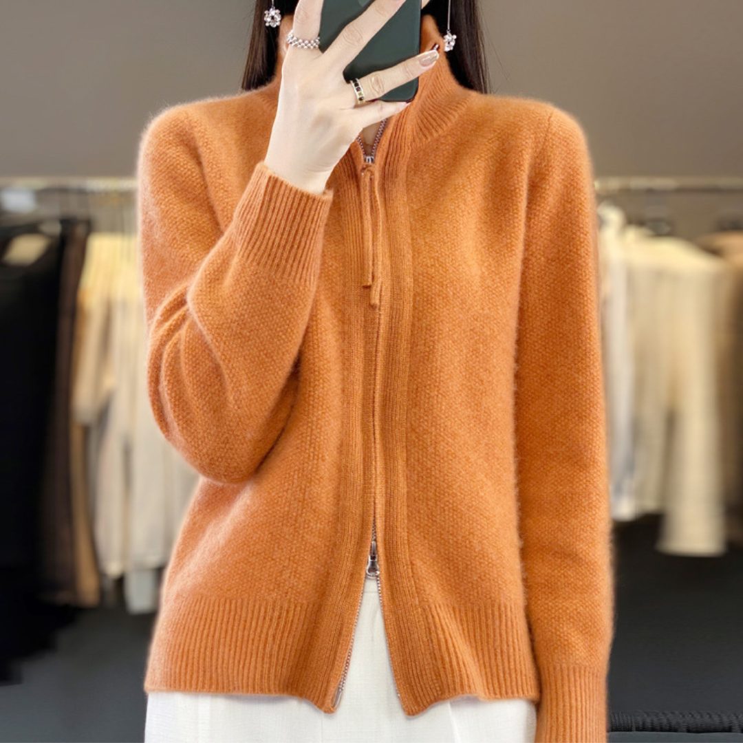 Cardigan da donna in lana con chiusura a zip - Maglione oversize a collo alto in maglia con bordi a coste e tasche anteriori