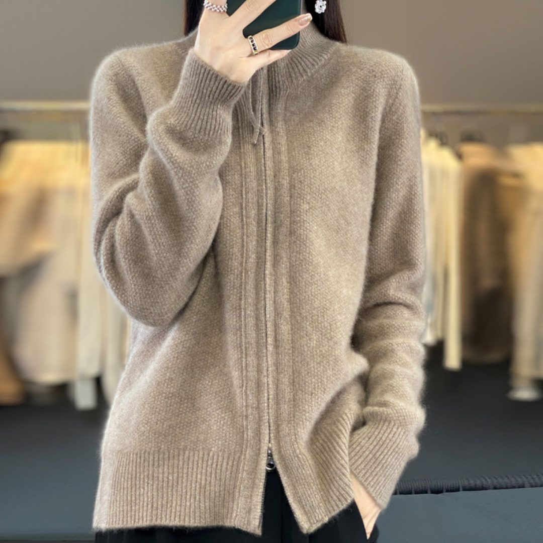 Cardigan da donna in lana con chiusura a zip - Maglione oversize a collo alto in maglia con bordi a coste e tasche anteriori