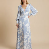 Abito Maxi Floreale Donna – Elegante Scollo a V con Maniche Bishop