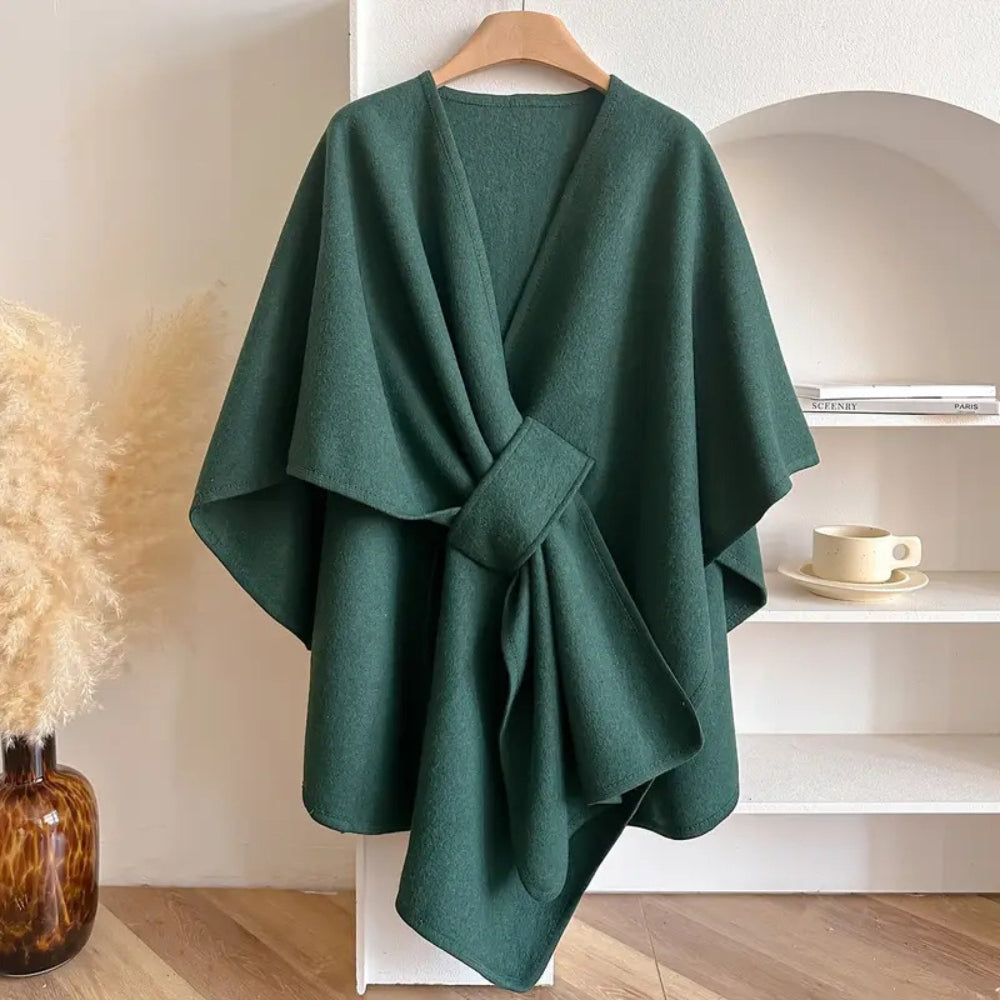Donna - Cappotto poncho in lana drappeggiato con cintura in vita