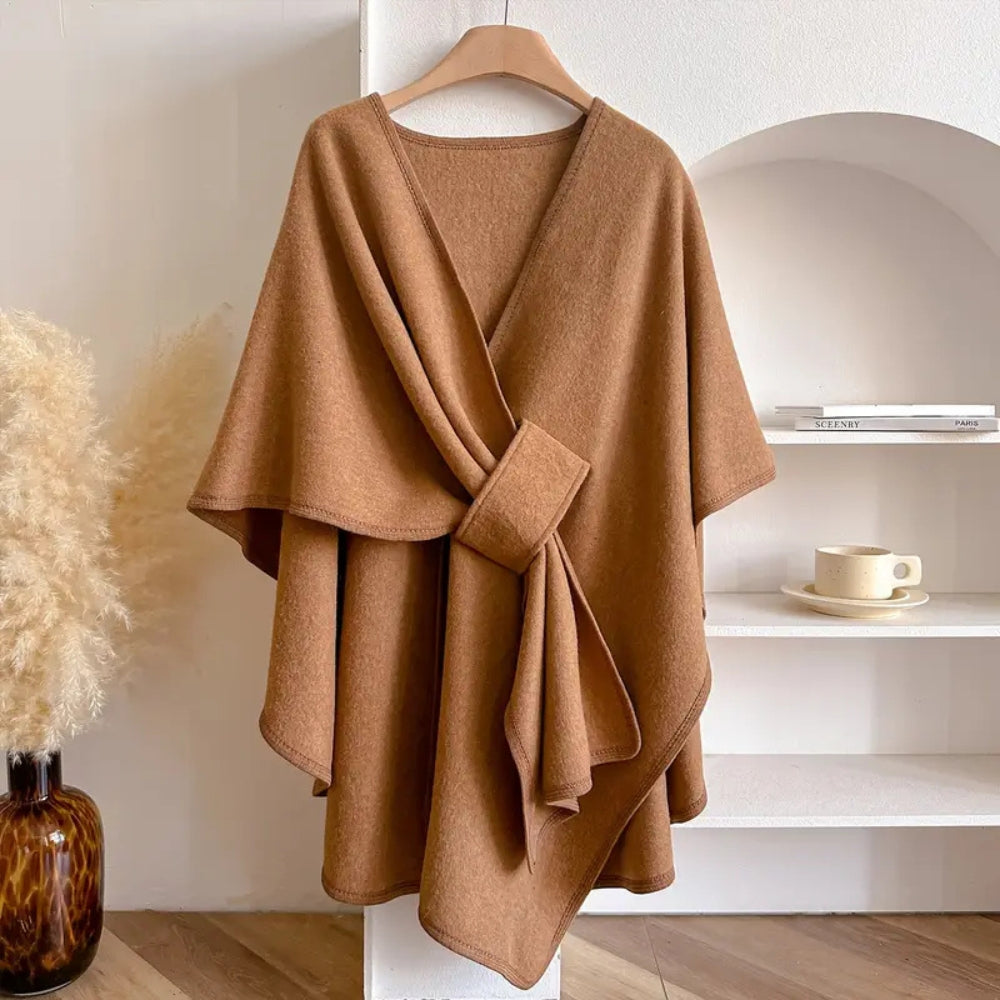Donna - Cappotto poncho in lana drappeggiato con cintura in vita