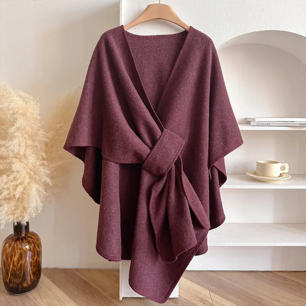 Donna - Cappotto poncho in lana drappeggiato con cintura in vita