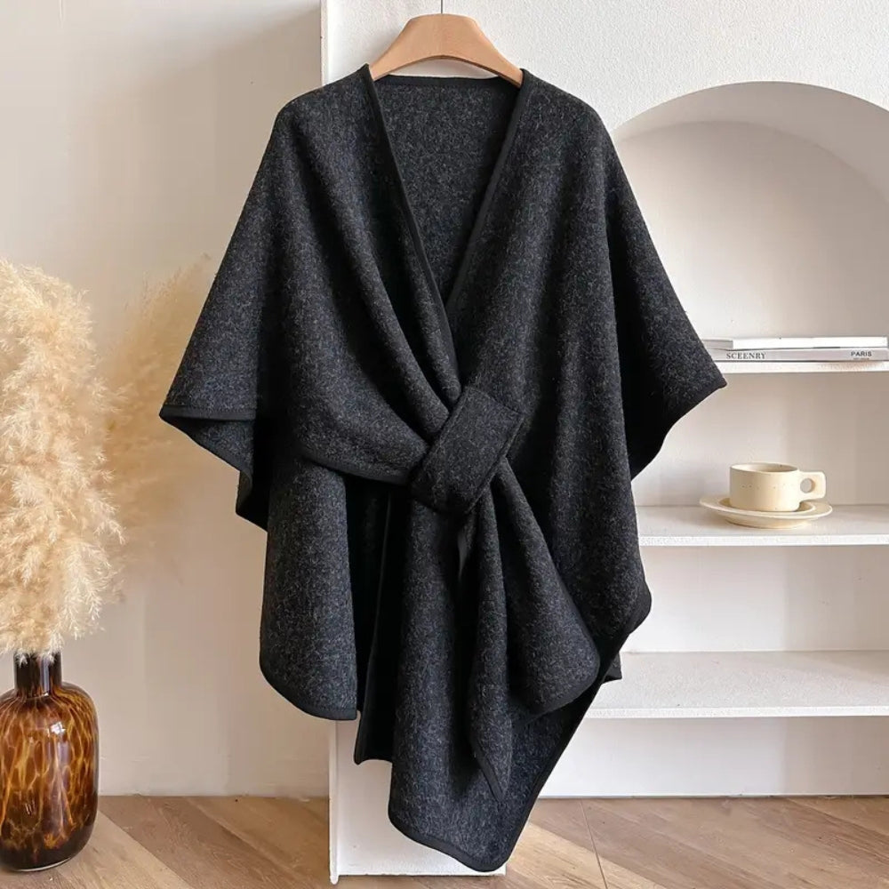 Donna - Cappotto poncho in lana drappeggiato con cintura in vita