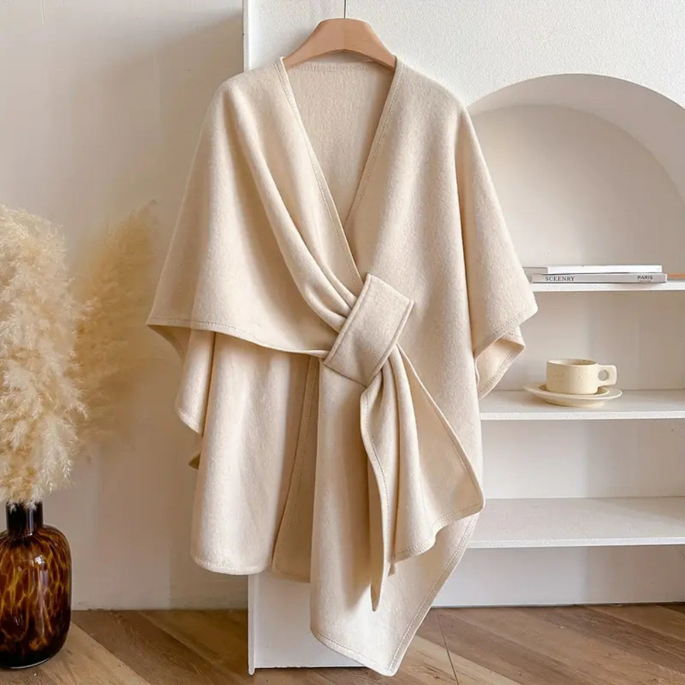 Donna - Cappotto poncho in lana drappeggiato con cintura in vita