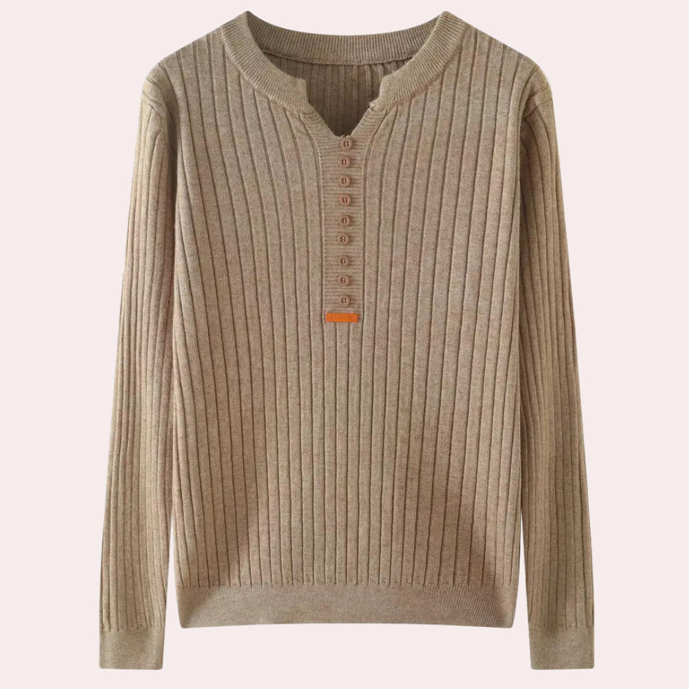 Maglione a coste da donna con scollo a V e patta con bottoni