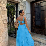 Abito lungo elegante senza maniche con scollo a V da donna - Abito da sera leggero con schiena scoperta e plissettato per eventi formali